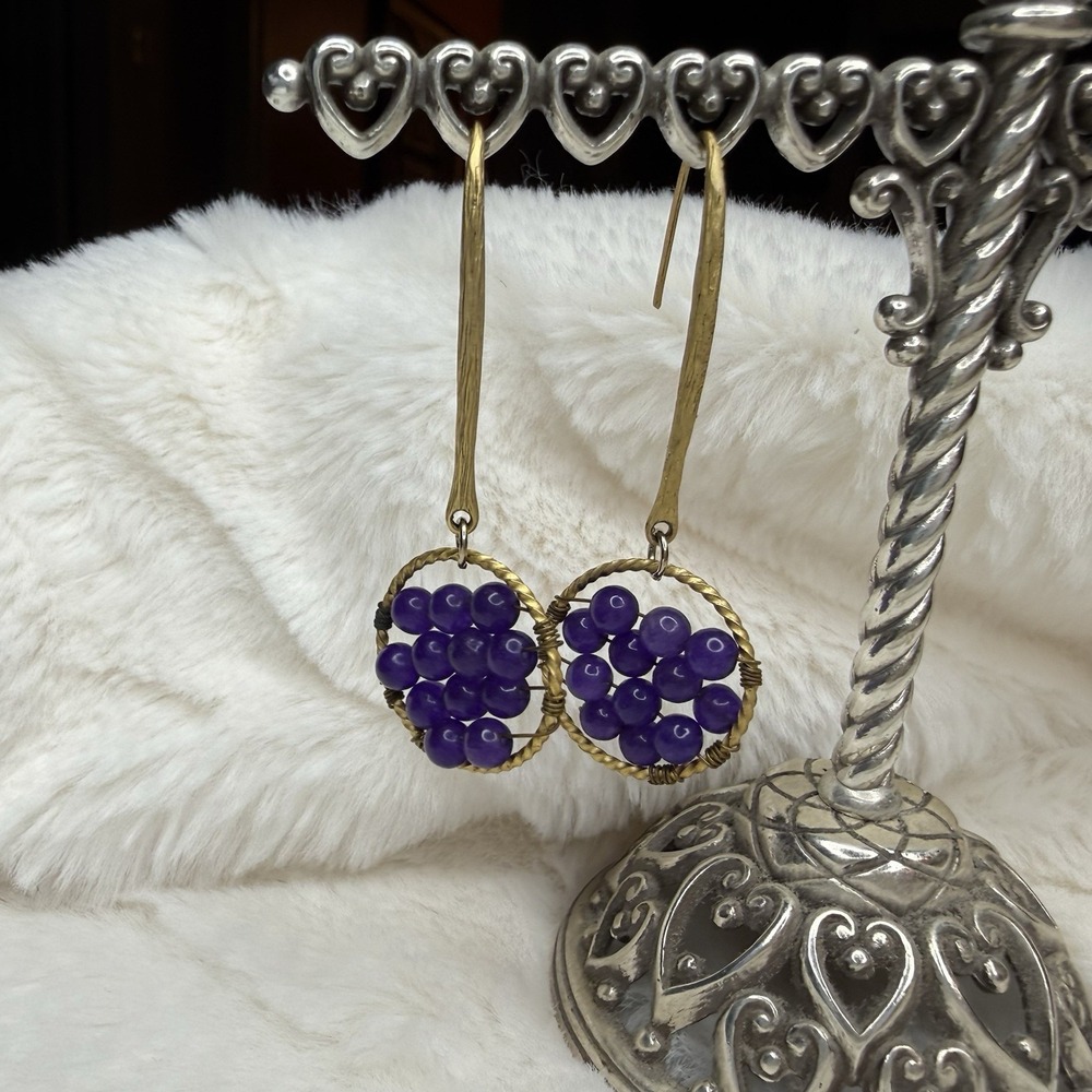 Gold Tone Purple Beads Earrings Hand Made Dangle Hook